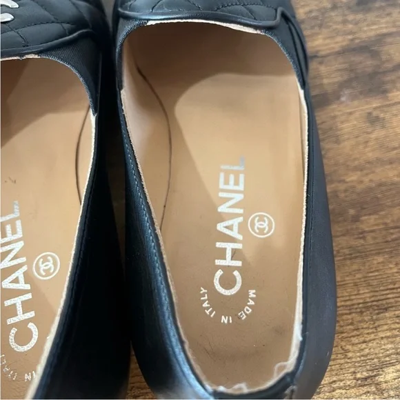 Authentic Chanel Black Quilted Loafers with Silver Logo 36.5 - Picture 9 of 16